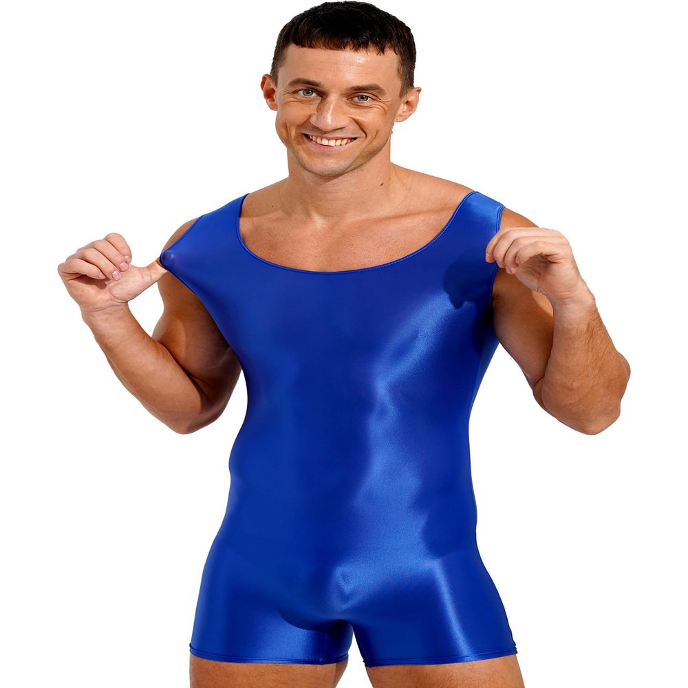dPois Men's Shiny Glossy Tank Tops Slim Fit Wrestling Singlets Bodysuit Seamless Leotard Jumpsuits Blue Large