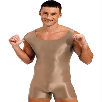 dPois Men's Shiny Glossy Tank Tops Slim Fit Wrestling Singlets Bodysuit Seamless Leotard Jumpsuits Coffee Large