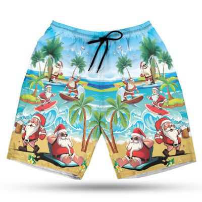 228CLOSET Santa Surfing Men's Swim Trunks - Summer Beach Hawaiian Shorts for Men, Men's Summer Bathing Shorts Set 32 Size Size 3XL