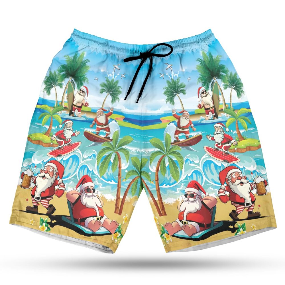 228CLOSET Santa Surfing Men's Swim Trunks - Summer Beach Hawaiian Shorts for Men, Men's Summer Bathing Shorts Set 32 Size Size 3XL