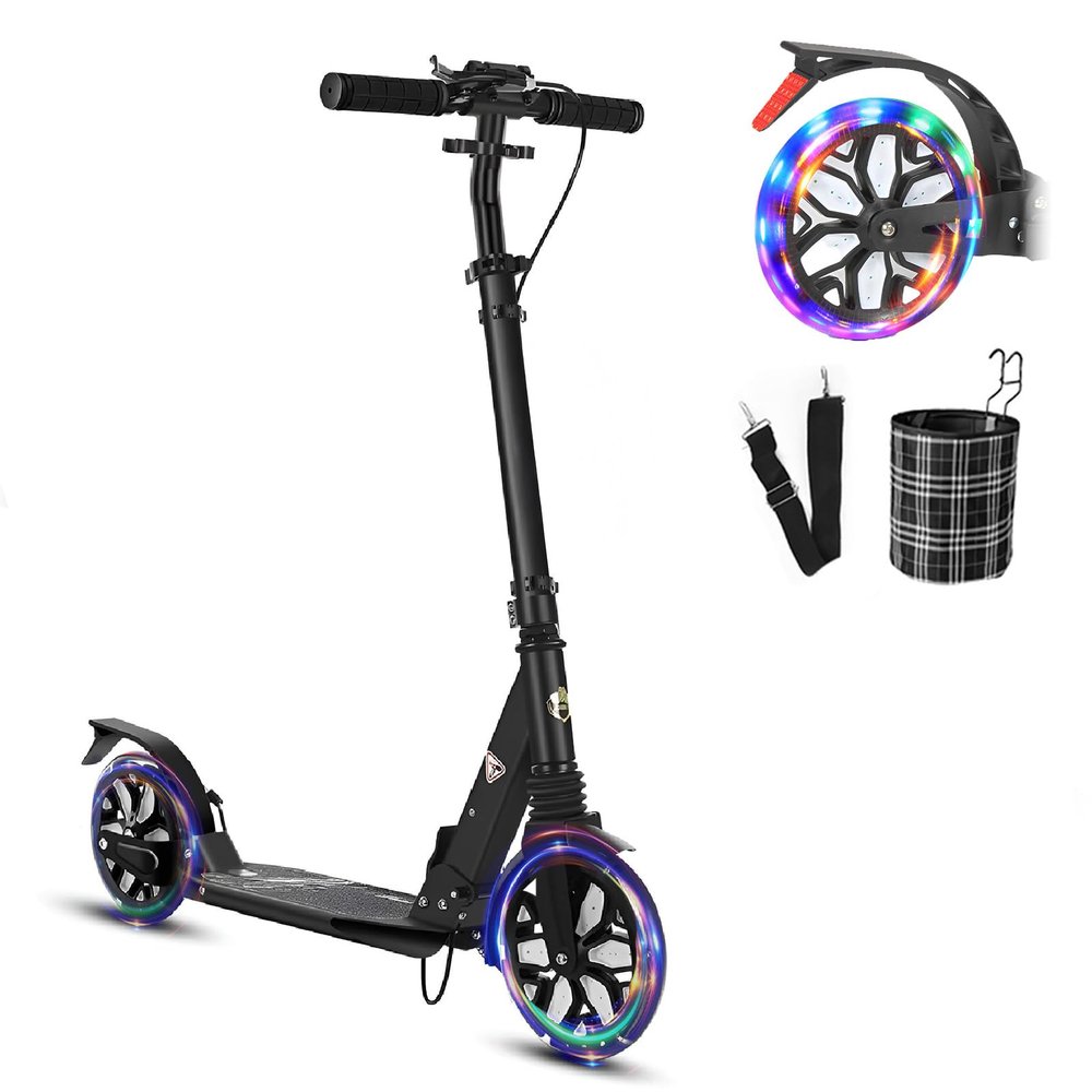GLDDFDG Commuter Adult Scooter 300 lbs Capacity, Big Wheels Scooters, Sport Folding Kick Scooter for Kids 10 Years and up, 4 Adjustable Levels, Bearing ABEC 9, 15 lbs (Black)