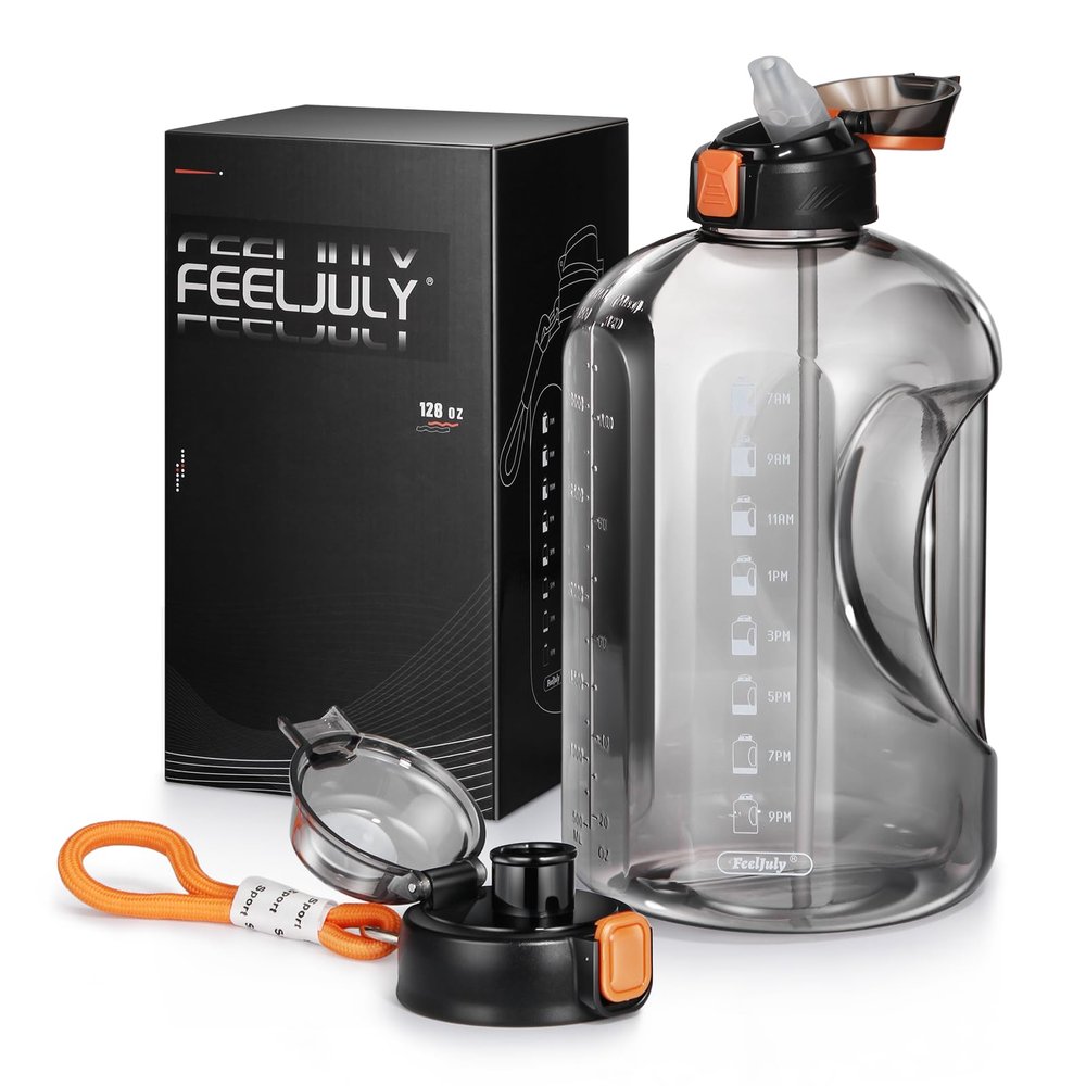 Feeljuly 1 Gallon Water Bottle with Straw, 128 oz Large Water Jug with Times to Drink, Reusable Leak Proof with Handle, 2 Lids BPA Free Big Sports Bottles for Fitness Gym Camping (Grey, 128 Ounces)