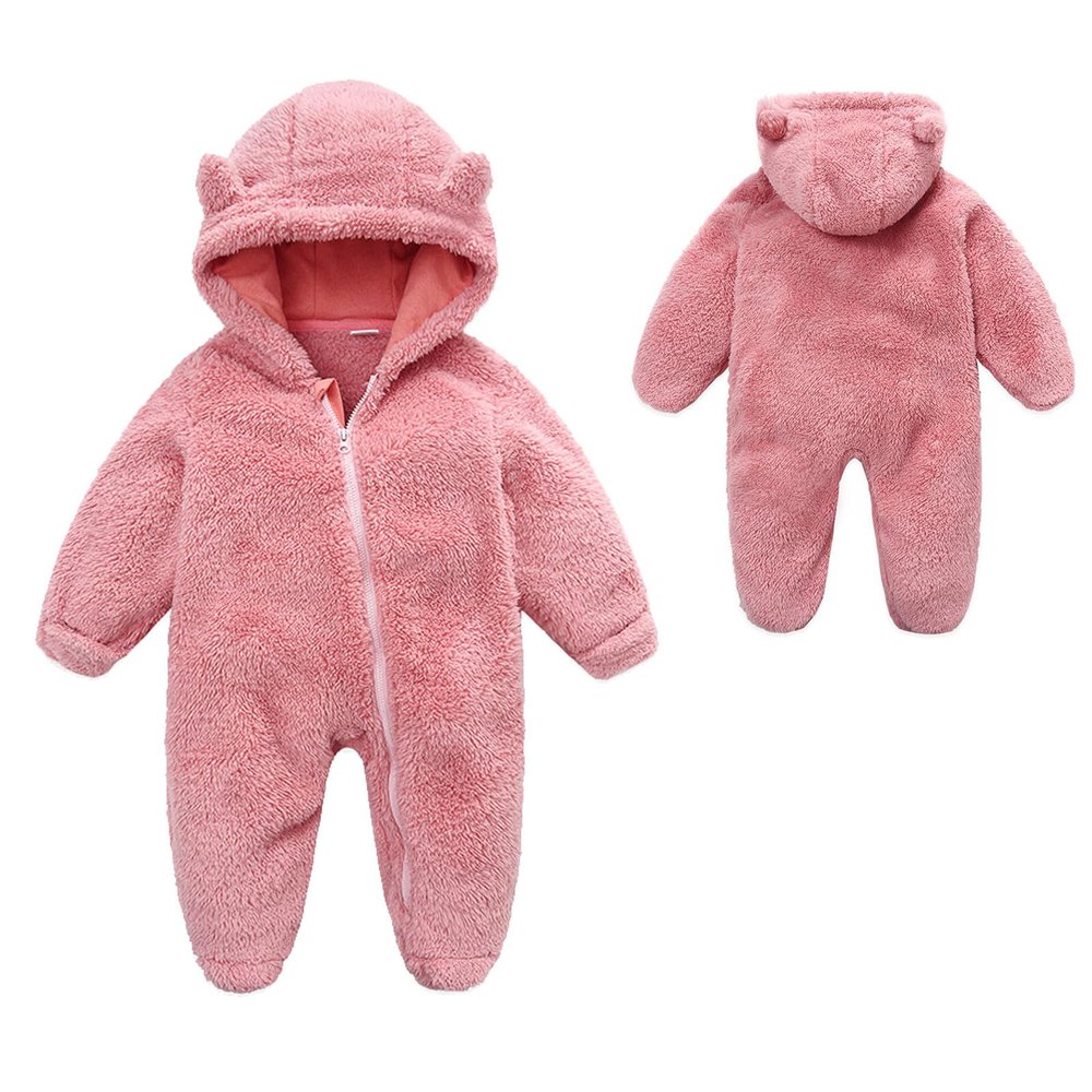 YMYDYFC Baby Fleece Hooded Romper Winter Outwear Jumpsuit Snowsuit Bear Ear Outfits for Boys Girls A-Pink 0-3 Months59CM