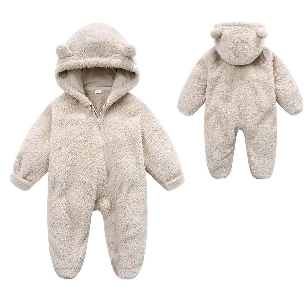 Baby Fleece Hooded Romper Winter Outwear Jumpsuit Snowsuit Bear Ear Outfits for Boys Girls A-Beige 6-9 Months73CM
