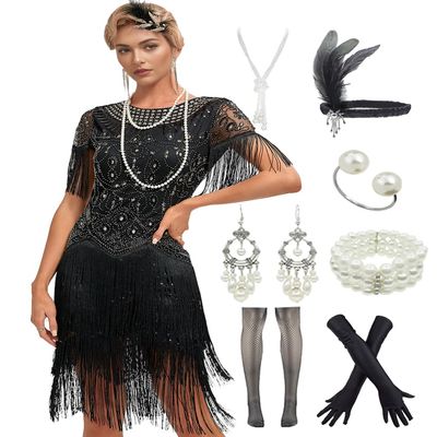 1920s Flapper Long Fringe Gatsby Roaring 20s Sequin Beaded Cocktail Art Deco Dress w/ 20s Accessories Set Black