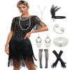 1920s Flapper Long Fringe Gatsby Roaring 20s Sequin Beaded Cocktail Art Deco Dress w/ 20s Accessories Set Black