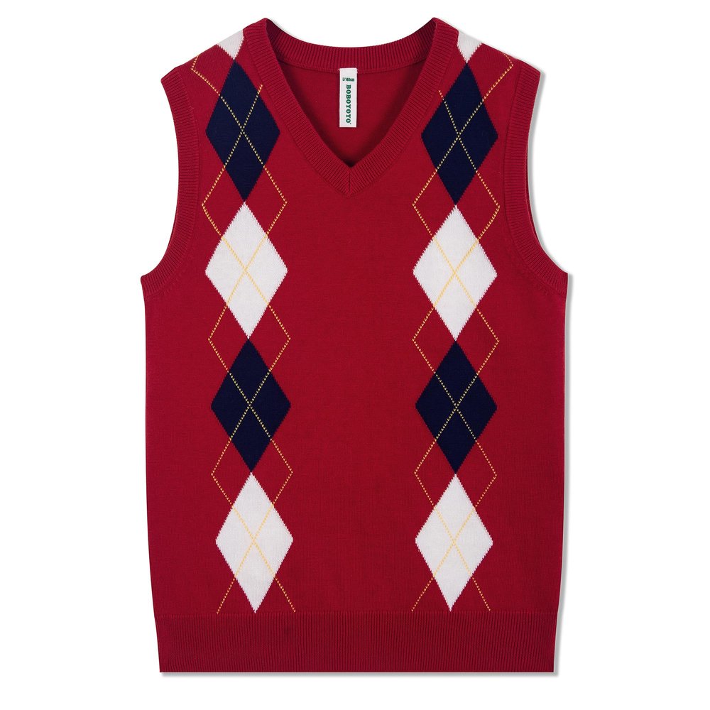 BOBOYOYO Boys Argyle Sweater Vest 100% Cotton V-Neck Vest Kids Uniform Sleeveless Sweaters for Children 5-12Y