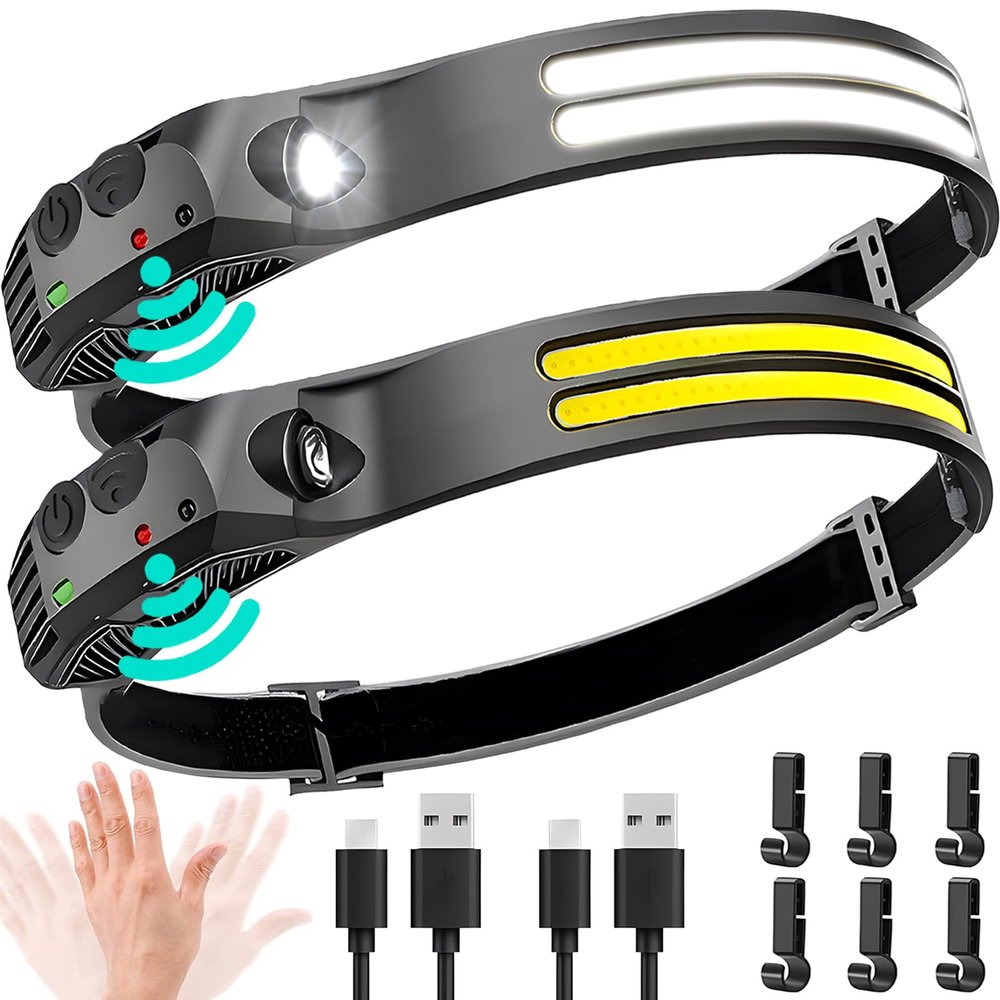 Beccason 2Pack LED Headlamp Rechargeable - 230 COB Super Bright Head Lights for Forehead, Hard hat Light for Adults, USB C Headband Flashlight for Work, Hunting, Running, Camping Essentials Gear