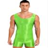 Agoky Men's High Elastic Shiny Oil Glossy Silky Bodysuit Sleeveless Short Jumpsuits Tight Swimsuit Fluorescent Green X-Large view 1