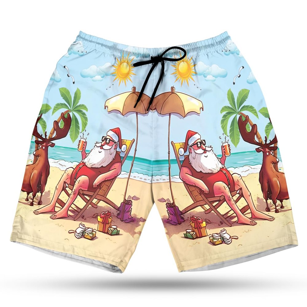 228CLOSET Santa Men's Swim Trunks - Summer Vacation Hawaiian Shorts for Men, Men's Summer Bathing Shorts Set 32 Size Size L