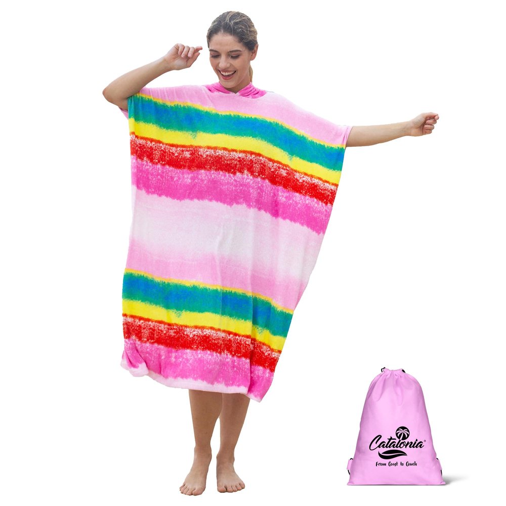 Catalonia Absorbent Surf Poncho Men Women, Quick Dry Towel Changing Poncho, Hooded Towel Poncho Adult, Changing Robe for Beach Surfing Swimming, Rainbow