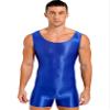 Agoky Men's High Elastic Shiny Oil Glossy Silky Bodysuit Sleeveless Short Jumpsuits Tight Swimsuit Blue Large view 1