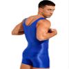 Agoky Men's High Elastic Shiny Oil Glossy Silky Bodysuit Sleeveless Short Jumpsuits Tight Swimsuit Blue Large view 2