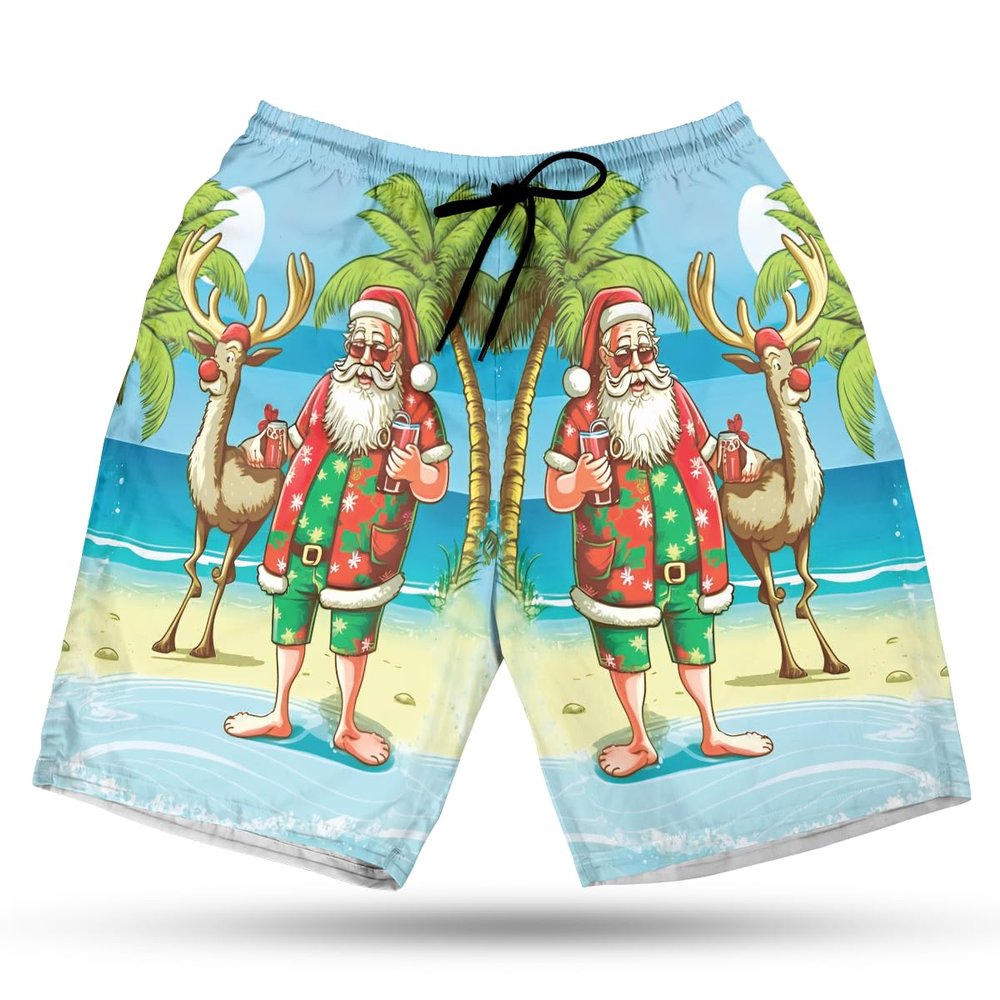 228CLOSET Santa Claus Men's Swim Trunks - Reindeer Hawaiian Shorts for Men, Men's Summer Bathing Shorts Set 32 Size Size M