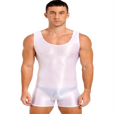Agoky Men's High Elastic Shiny Oil Glossy Silky Bodysuit Sleeveless Short Jumpsuits Tight Swimsuit White Large