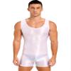 Agoky Men's High Elastic Shiny Oil Glossy Silky Bodysuit Sleeveless Short Jumpsuits Tight Swimsuit White Large view 1