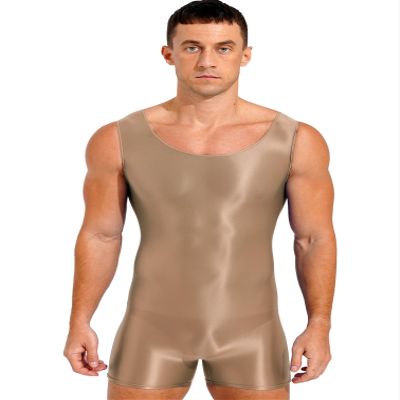 Agoky Men's High Elastic Shiny Oil Glossy Silky Bodysuit Sleeveless Short Jumpsuits Tight Swimsuit Coffee X-Large
