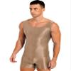 Agoky Men's High Elastic Shiny Oil Glossy Silky Bodysuit Sleeveless Short Jumpsuits Tight Swimsuit Coffee X-Large view 2