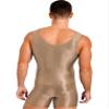 Agoky Men's High Elastic Shiny Oil Glossy Silky Bodysuit Sleeveless Short Jumpsuits Tight Swimsuit Coffee X-Large view 3