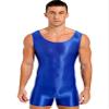 LiiYii Men's Silky Glossy Swimsuit Shiny One-Piece Sleeveless Jumpsuits Sheer Smooth Bodysuits Blue X-Large view 1