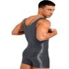 Agoky Men's High Elastic Shiny Oil Glossy Silky Bodysuit Sleeveless Short Jumpsuits Tight Swimsuit Grey Large view 4