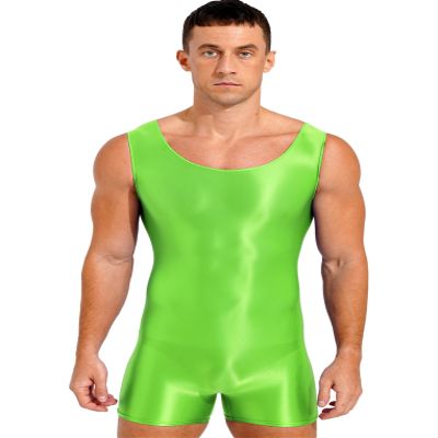 LiiYii Men's Silky Glossy Swimsuit Shiny One-Piece Sleeveless Jumpsuits Sheer Smooth Bodysuits Fluorescent Green X-Large