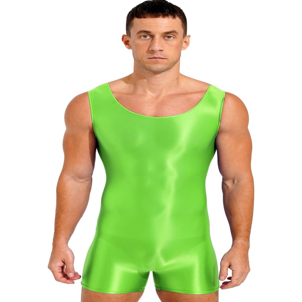 LiiYii Men's Silky Glossy Swimsuit Shiny One-Piece Sleeveless Jumpsuits Sheer Smooth Bodysuits Fluorescent Green X-Large