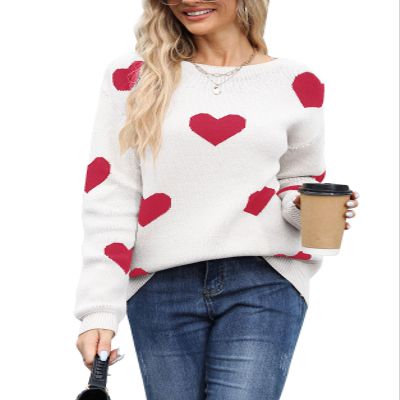 Drvitor Womens Pullover Sweaters Long Sleeve Crewneck Casual Pullover Cute Heart Pattern Knitted Sweater (White&Red,Large)