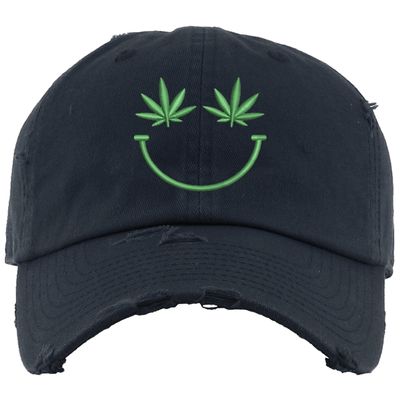 ALLNTRENDS Weed Smile Dad Hat Distressed 420 Cap (Navy Blue)