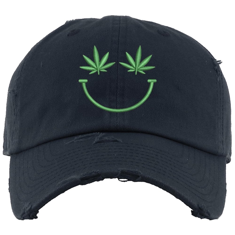 ALLNTRENDS Weed Smile Dad Hat Distressed 420 Cap (Navy Blue)