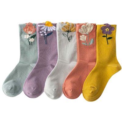 VOIV Cute Multi Colored Floral Cotton Crew Socks For Women, Size 5-8, Pack of 5 (Set 5)