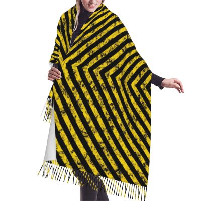 LMNSWDA Black Yellow Grunge Caution Tape Stripes Pattern Women's Fashion Cashmere Feel with Tassel Large scarf warm party shawl Wraps
