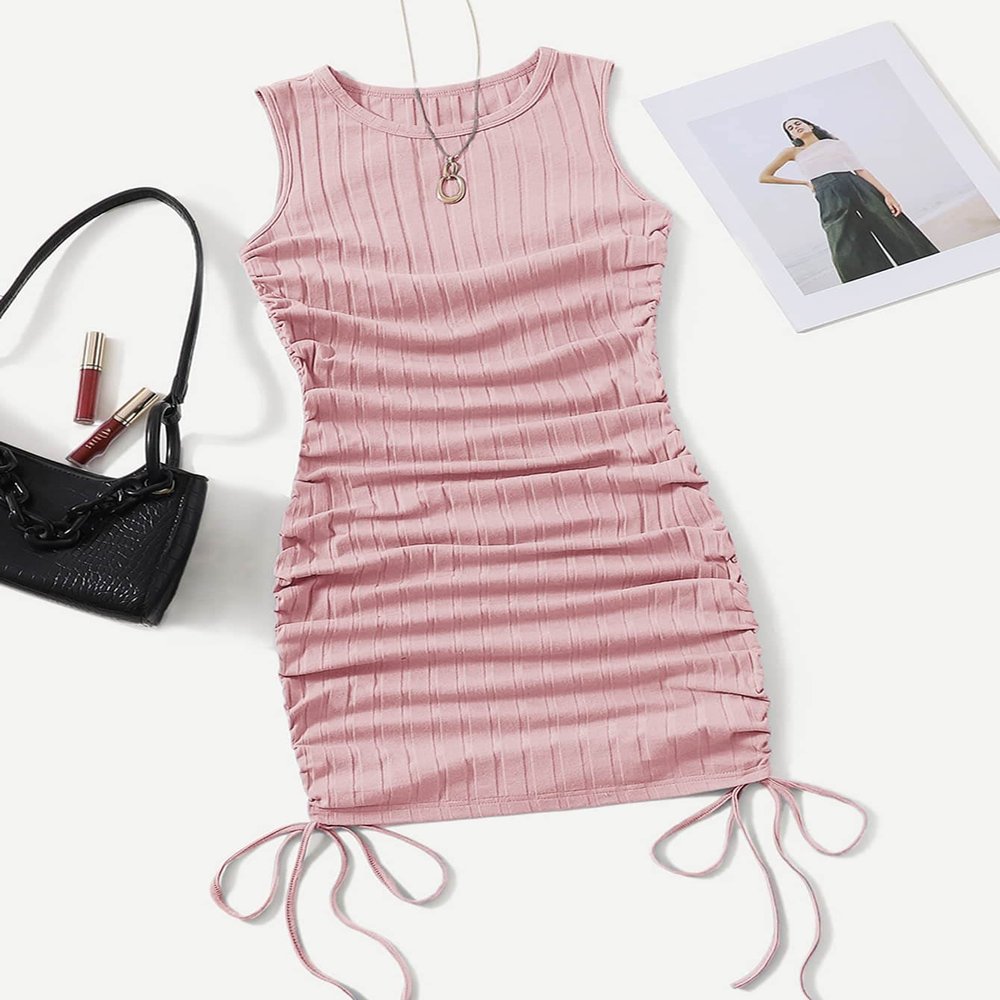 ENVEED Womens Dress Dresses Ruched Drawstring Side Bodycon Dress ENVEED (Color : Dusty Pink, Size : Medium)
