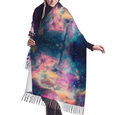 LMNSWDA Colorful Galaxy Nebula Watercolor Painting Women's Fashion Cashmere Feel with Tassel Large scarf warm party shawl Wraps