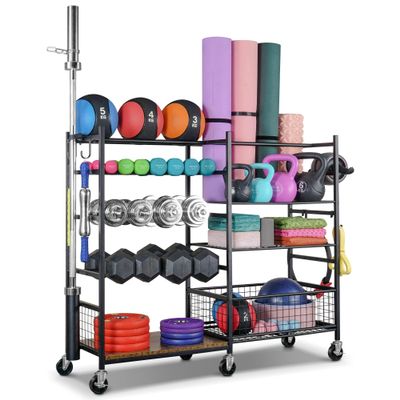 4-Tier Dumbbell and Ball Storage Rack Black Metal Wheels