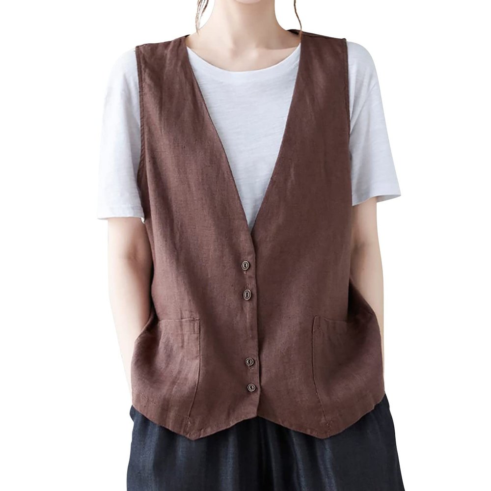 2023 Womens Vest Fashion Casual Sleeveless Button Down Cotton Linen Top Vests Summer Loose V Neck Blazer Jacket Cropped V Neck Vests Outerwear(A Coffee,XX-Large)