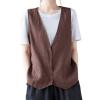 2023 Womens Vest Fashion Casual Sleeveless Button Down Cotton Linen Top Vests Summer Loose V Neck Blazer Jacket Cropped V Neck Vests Outerwear(A Coffee,XX-Large) view 1