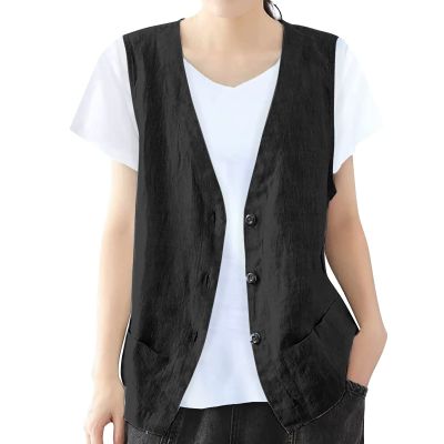 2025, Womens Vest Lightweight Dressy Sleeveless Button Down Cotton Linen Top Vests Plus Size Loose V Neck Blazer Jacket Trendy V Neck Vests Outerwear(B Black,Large)