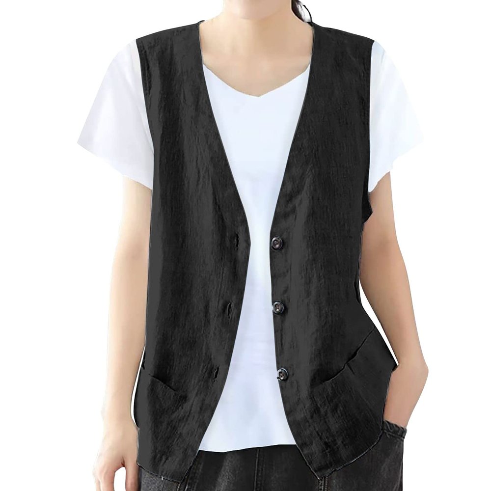 2025, Womens Vest Lightweight Dressy Sleeveless Button Down Cotton Linen Top Vests Plus Size Loose V Neck Blazer Jacket Trendy V Neck Vests Outerwear(B Black,Large)