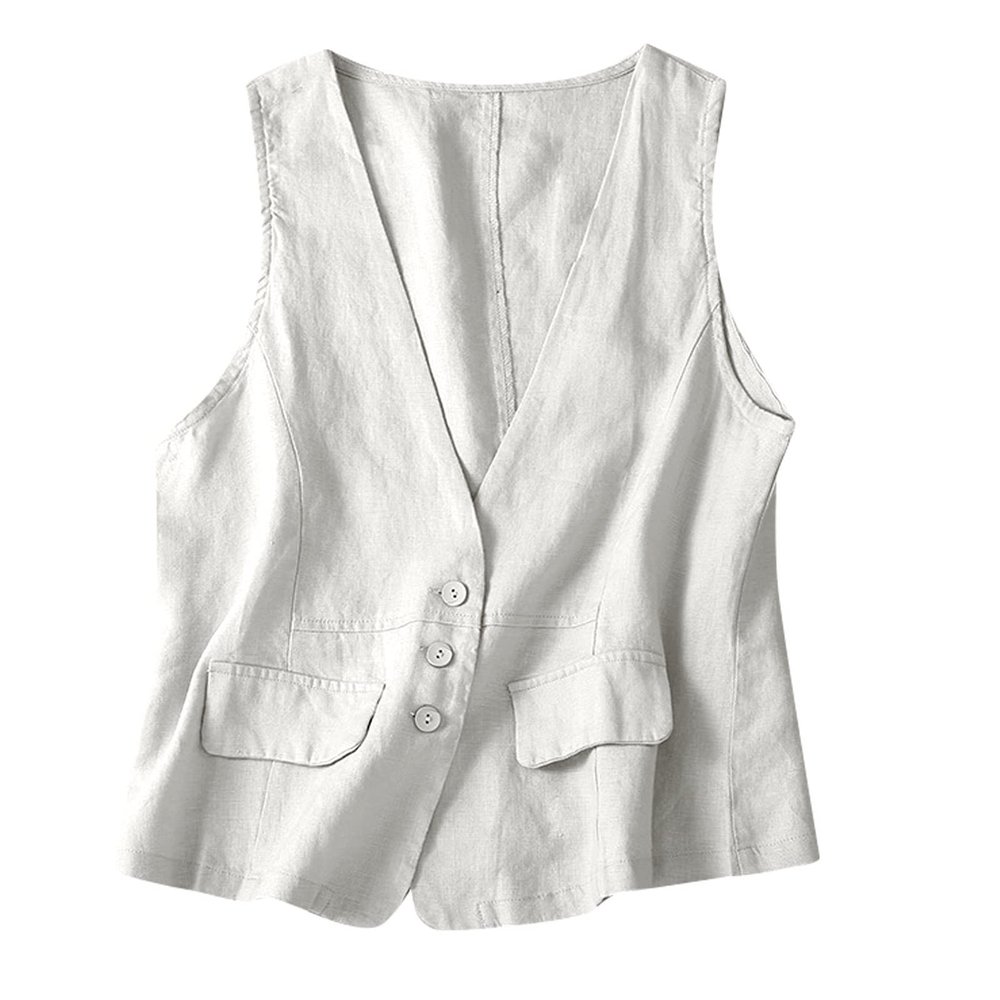 2023 Womens Vest Fashion Casual Sleeveless Button Down Cotton Linen Top Vests Summer Loose V Neck Blazer Jacket Cropped V Neck Vests Outerwear(C White,XX-Large)