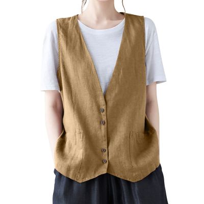 2023 Womens Vest Fashion Casual Sleeveless Button Down Cotton Linen Top Vests Summer Loose V Neck Blazer Jacket Cropped V Neck Vests Outerwear(A Khaki,Large)