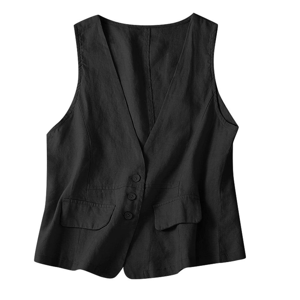 COTECRAM Womens Vest Fashion Sleeveless Button Down Cotton Linen Top Vests Summer Loose V Neck Blazer Jacket Elegant V Neck Vests Outerwear(C Black,Large)