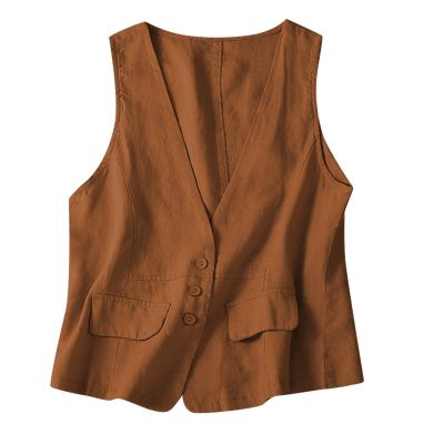 2023 Womens Vest Fashion Casual Sleeveless Button Down Cotton Linen Top Vests Summer Loose V Neck Blazer Jacket Cropped V Neck Vests Outerwear(C Brown,X-Large)