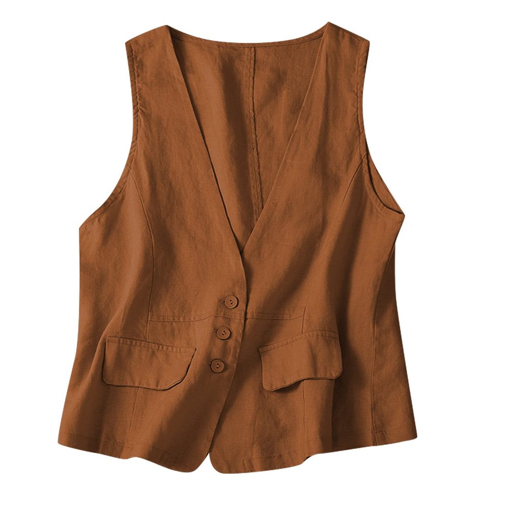 2023 Womens Vest Fashion Casual Sleeveless Button Down Cotton Linen Top Vests Summer Loose V Neck Blazer Jacket Cropped V Neck Vests Outerwear(C Brown,X-Large)
