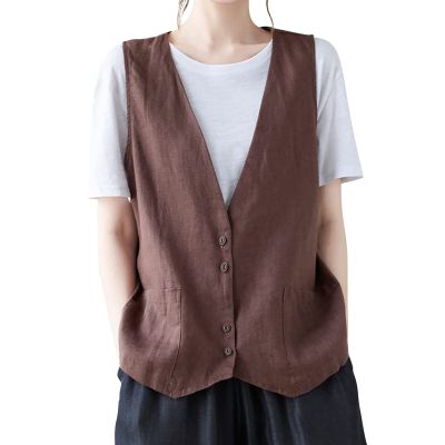 2023 Womens Vest Fashion Casual Sleeveless Button Down Cotton Linen Top Vests Summer Loose V Neck Blazer Jacket Cropped V Neck Vests Outerwear(A Coffee,X-Large)