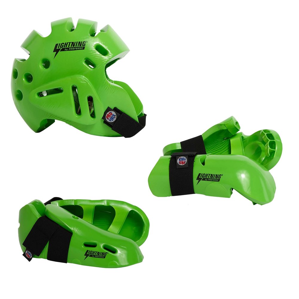 Proforce Lightning Martial Arts Protective Sparring Gear Bundle - Headgear, Gloves, Ultra Kicks (Green, X-Large)