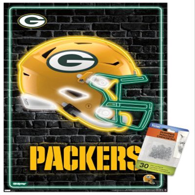 Trends International NFL Green Bay Packers - Neon Helmet 23 Wall Poster, 14.72" x 22.37", Premium Poster & Push Pin Bundle