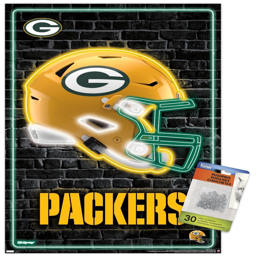 Trends International NFL Green Bay Packers - Neon Helmet 23 Wall Poster, 14.72" x 22.37", Premium Poster & Push Pin Bundle