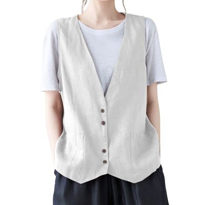 2023 Womens Vest Fashion Casual Sleeveless Button Down Cotton Linen Top Vests Summer Loose V Neck Blazer Jacket Cropped V Neck Vests Outerwear(A Light Gray,Medium)
