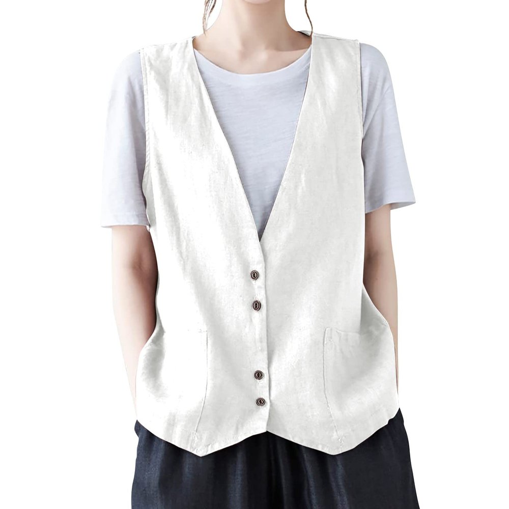 2025, Womens Vest Lightweight Dressy Sleeveless Button Down Cotton Linen Top Vests Plus Size Loose V Neck Blazer Jacket Trendy V Neck Vests Outerwear(A White,Large)